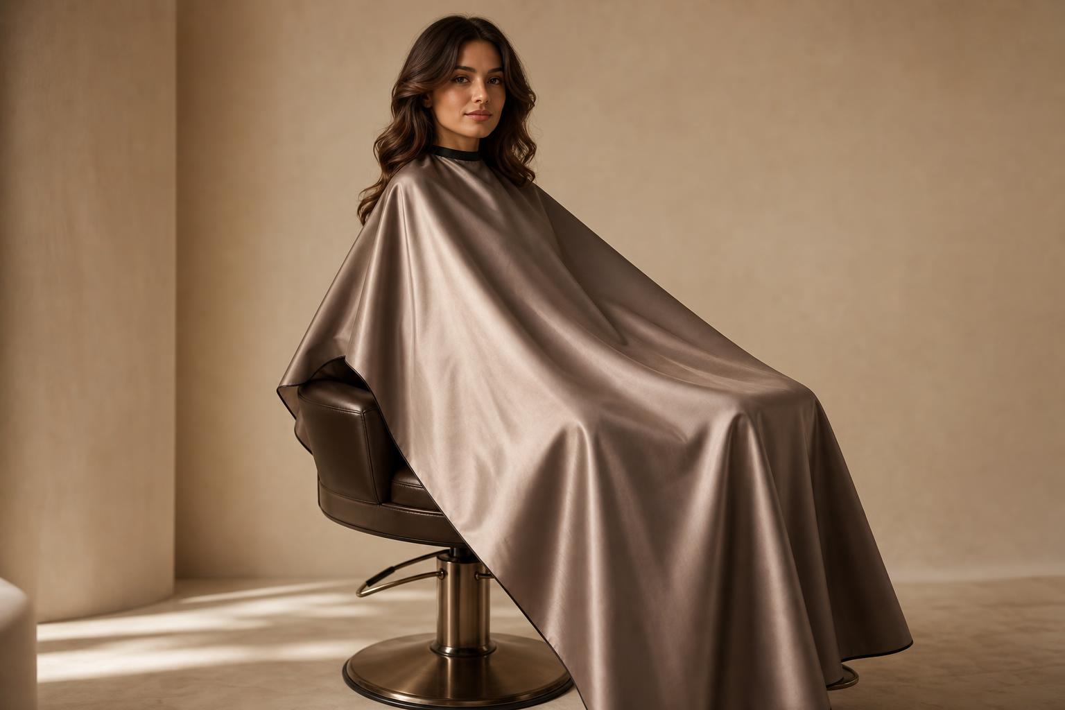 Modèle portant une cape de coiffure couleur unie Studio Bohem, vue de trois quarts